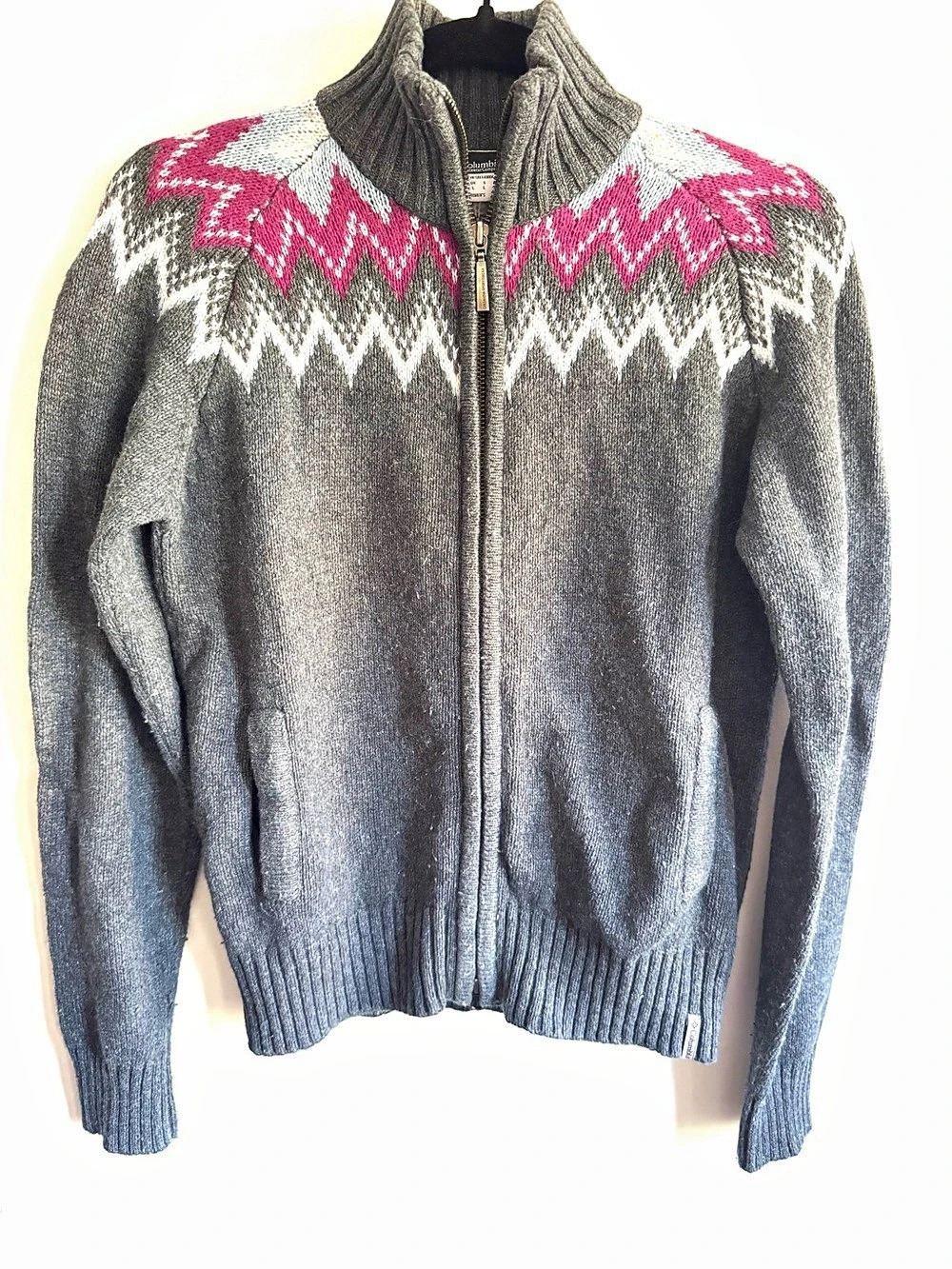 Columbia Fair Isle Zip Sweater Medium Gray Pink & Blue Medium Nordic Wool Blend